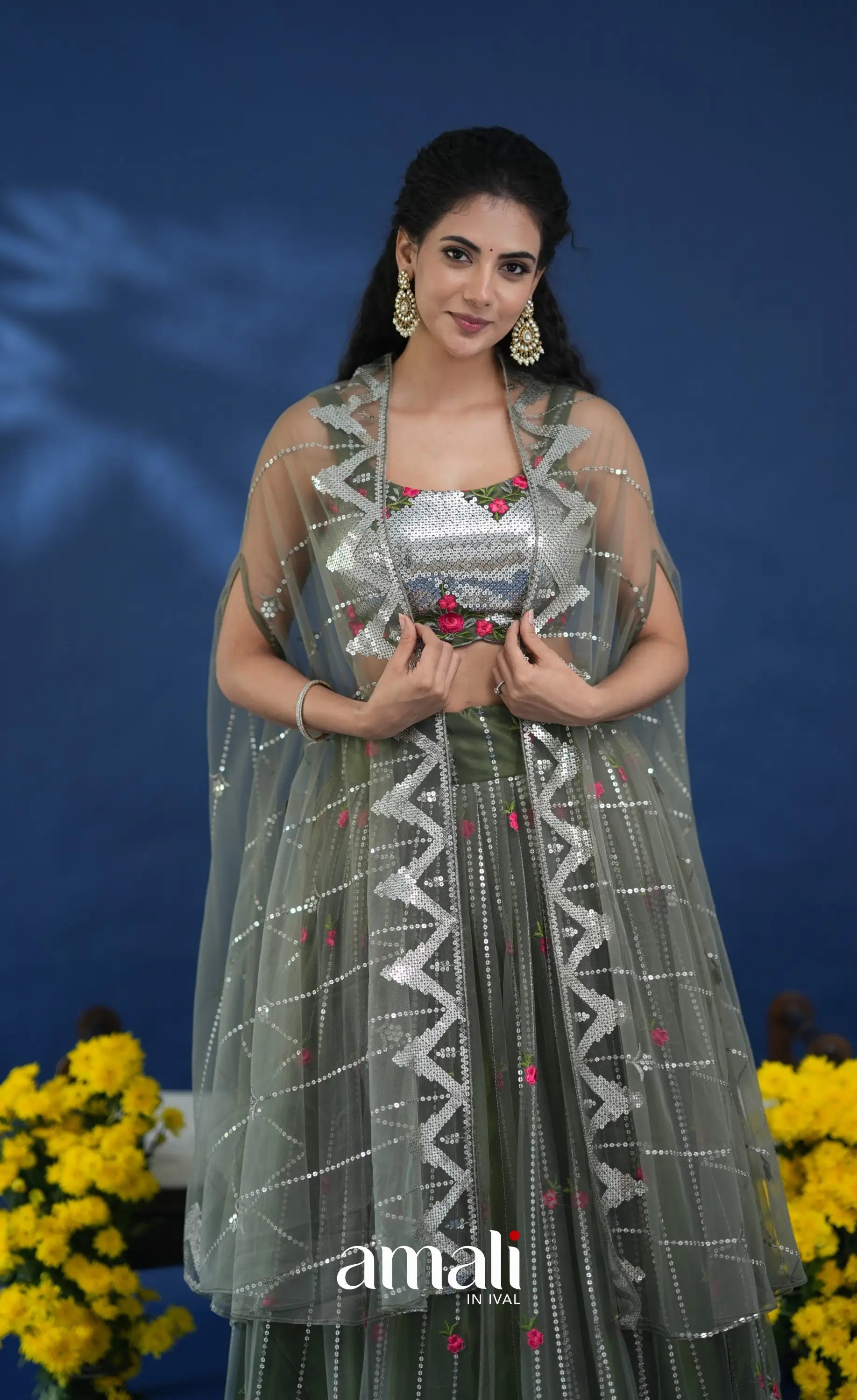 Coral Olive Green Net Lehenga crop top and skirts