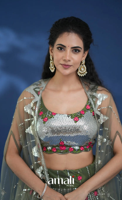 Coral Olive Green Net Lehenga crop top and skirts