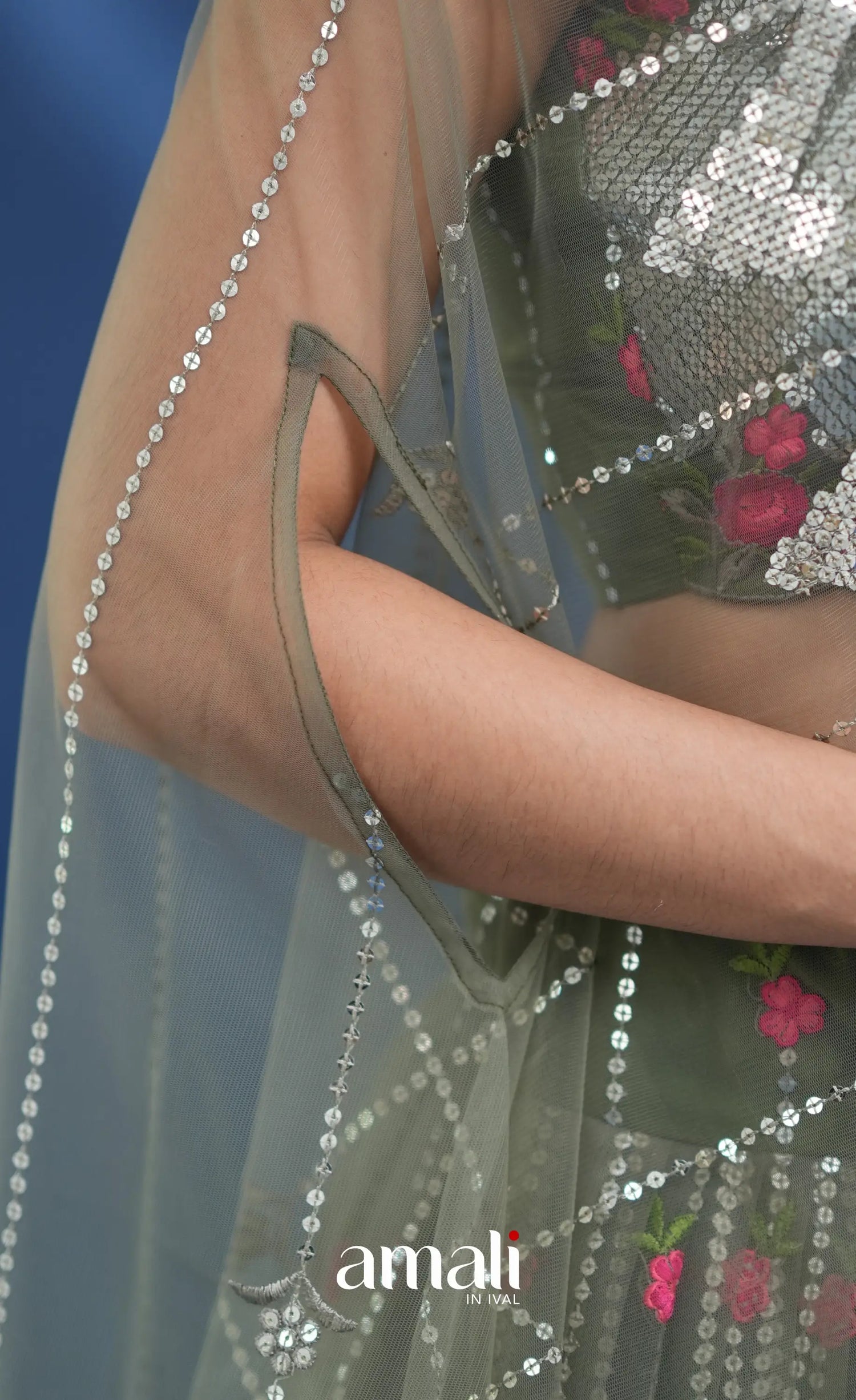 Coral Olive Green Net Lehenga crop top and skirts