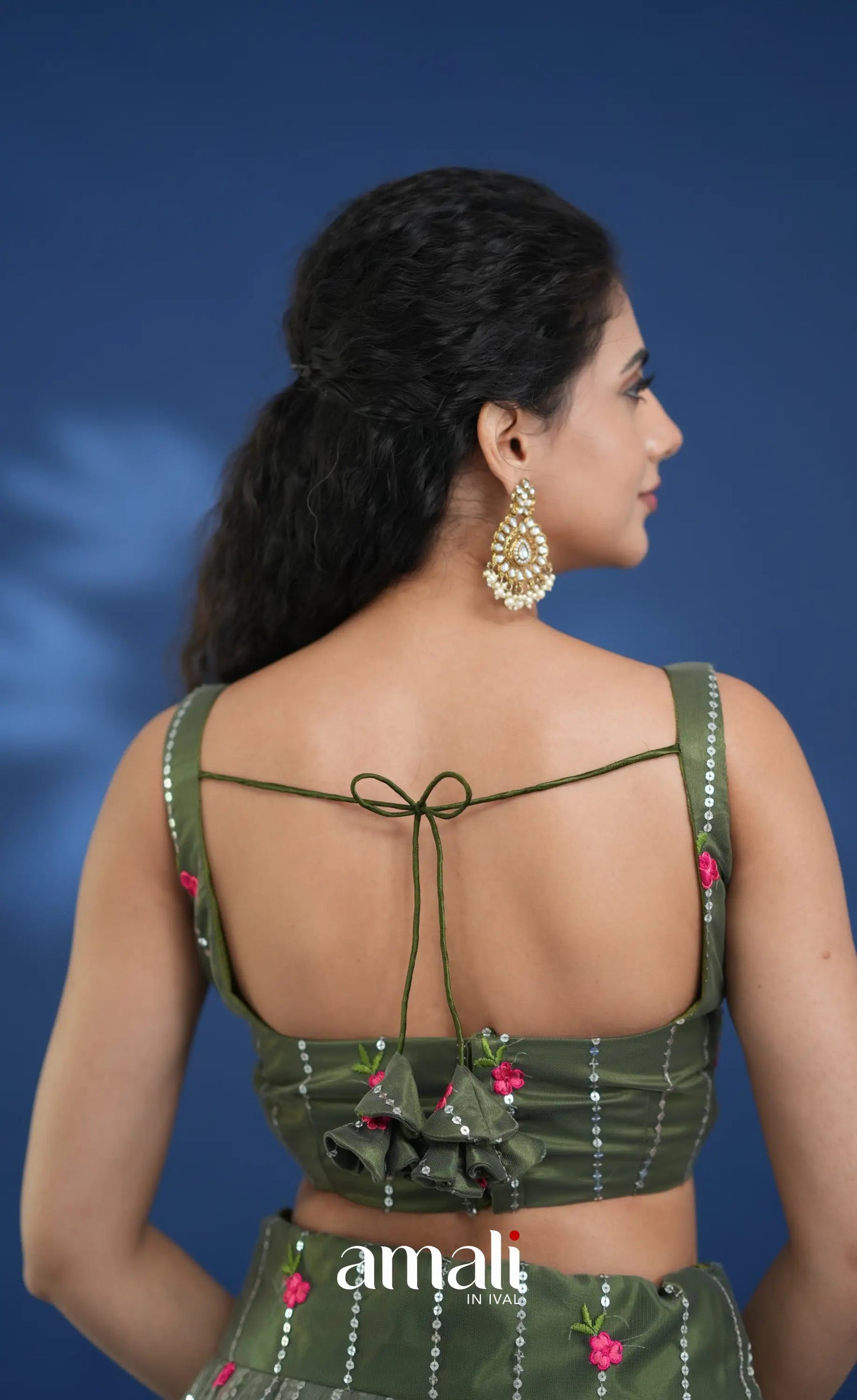 Coral Olive Green Net Lehenga crop top and skirts