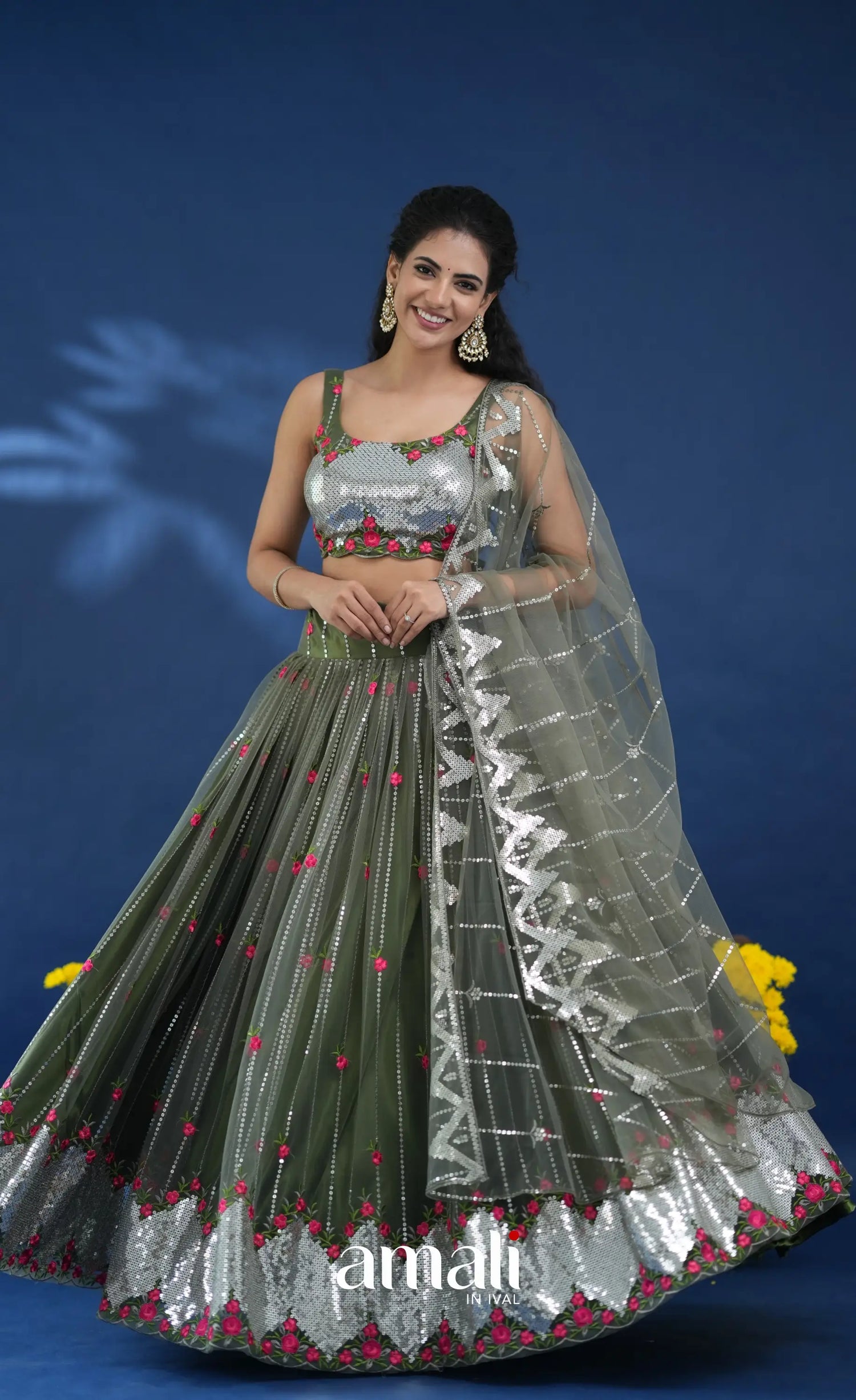 Coral Olive Green Net Lehenga crop top and skirts