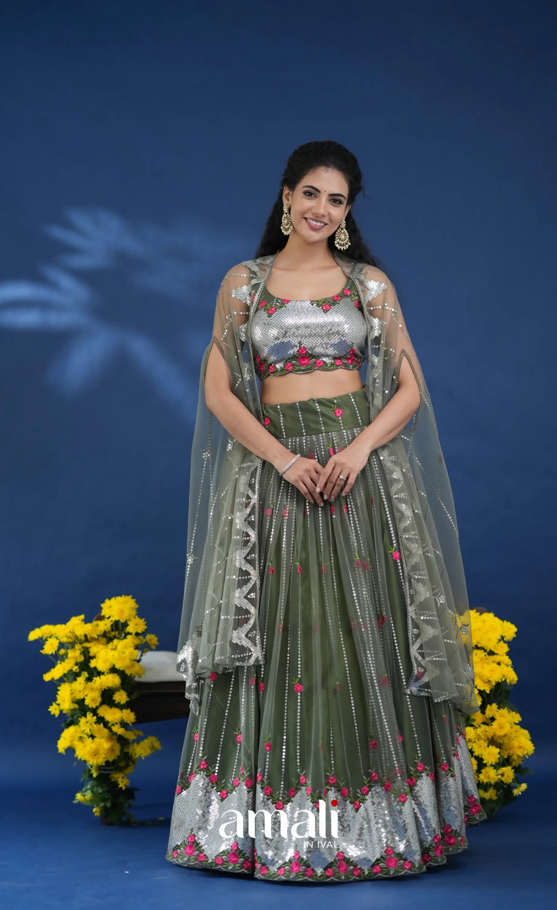 Coral Olive Green Net Lehenga crop top and skirts