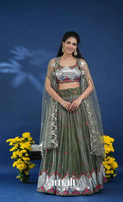 Coral Olive Green Net Lehenga crop top and skirts