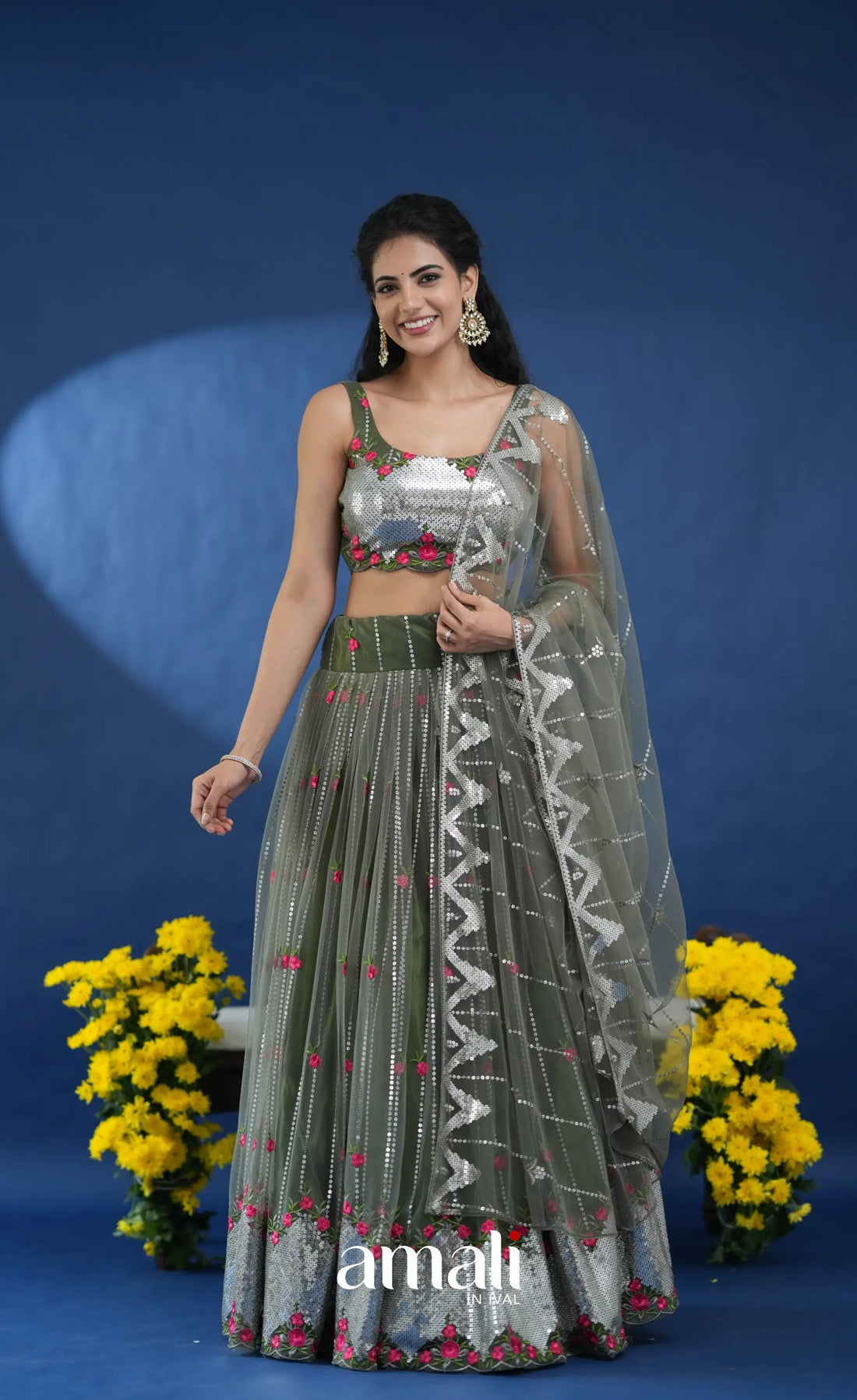 Coral Olive Green Net Lehenga crop top and skirts