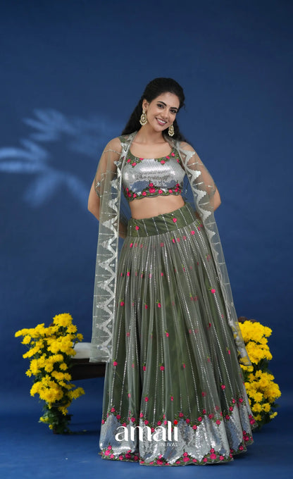 Coral Olive Green Net Lehenga crop top and skirts