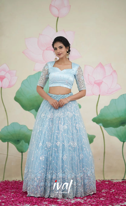 Coral - Pastel Blue Net Lehenga crop top and skirts