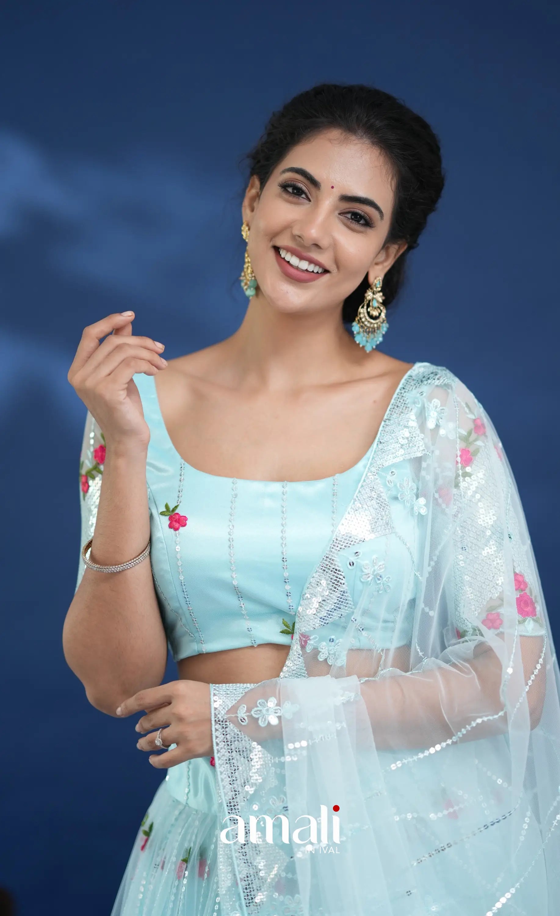 Coral Pastel Blue Net Lehenga crop top and skirts