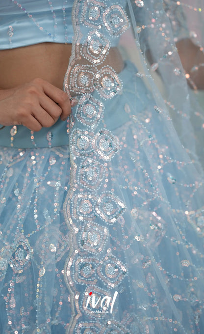 Coral - Pastel Blue Net Lehenga crop top and skirts