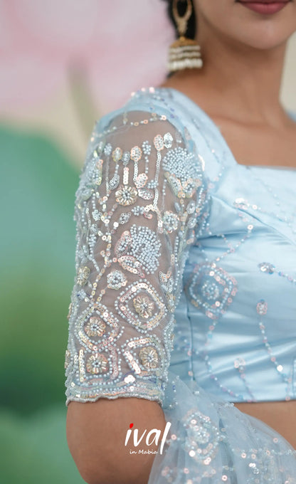 Coral - Pastel Blue Net Lehenga crop top and skirts