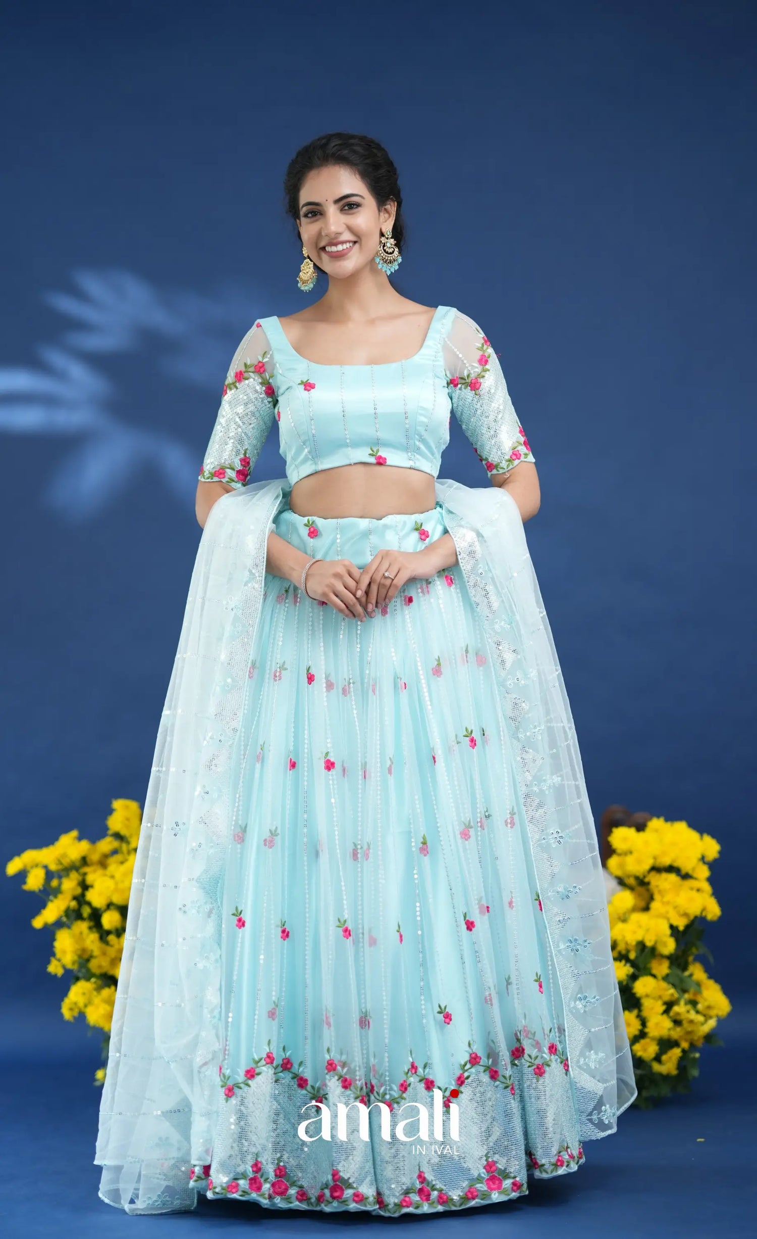 Coral Pastel Blue Net Lehenga crop top and skirts