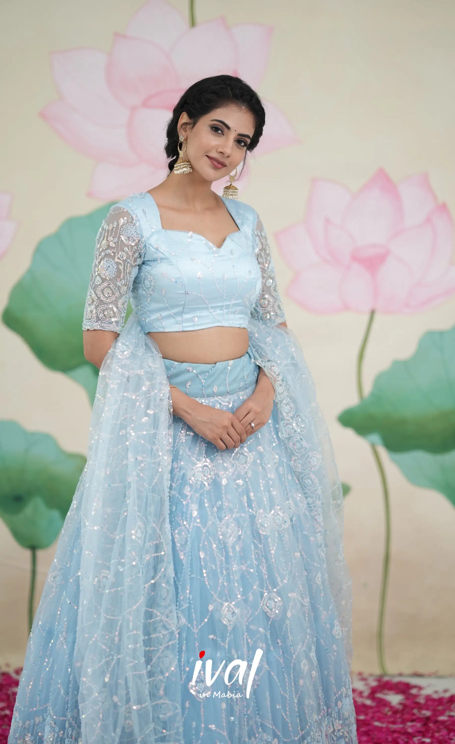 Coral - Pastel Blue Net Lehenga crop top and skirts
