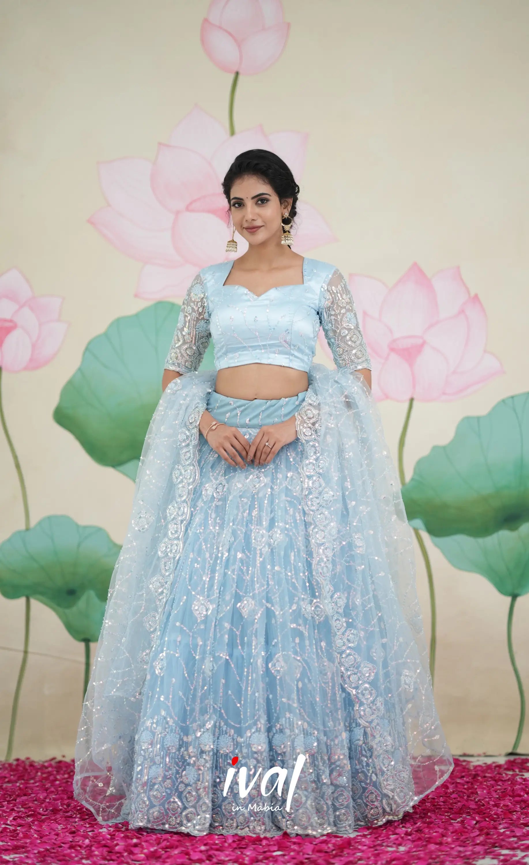 Coral - Pastel Blue Net Lehenga crop top and skirts