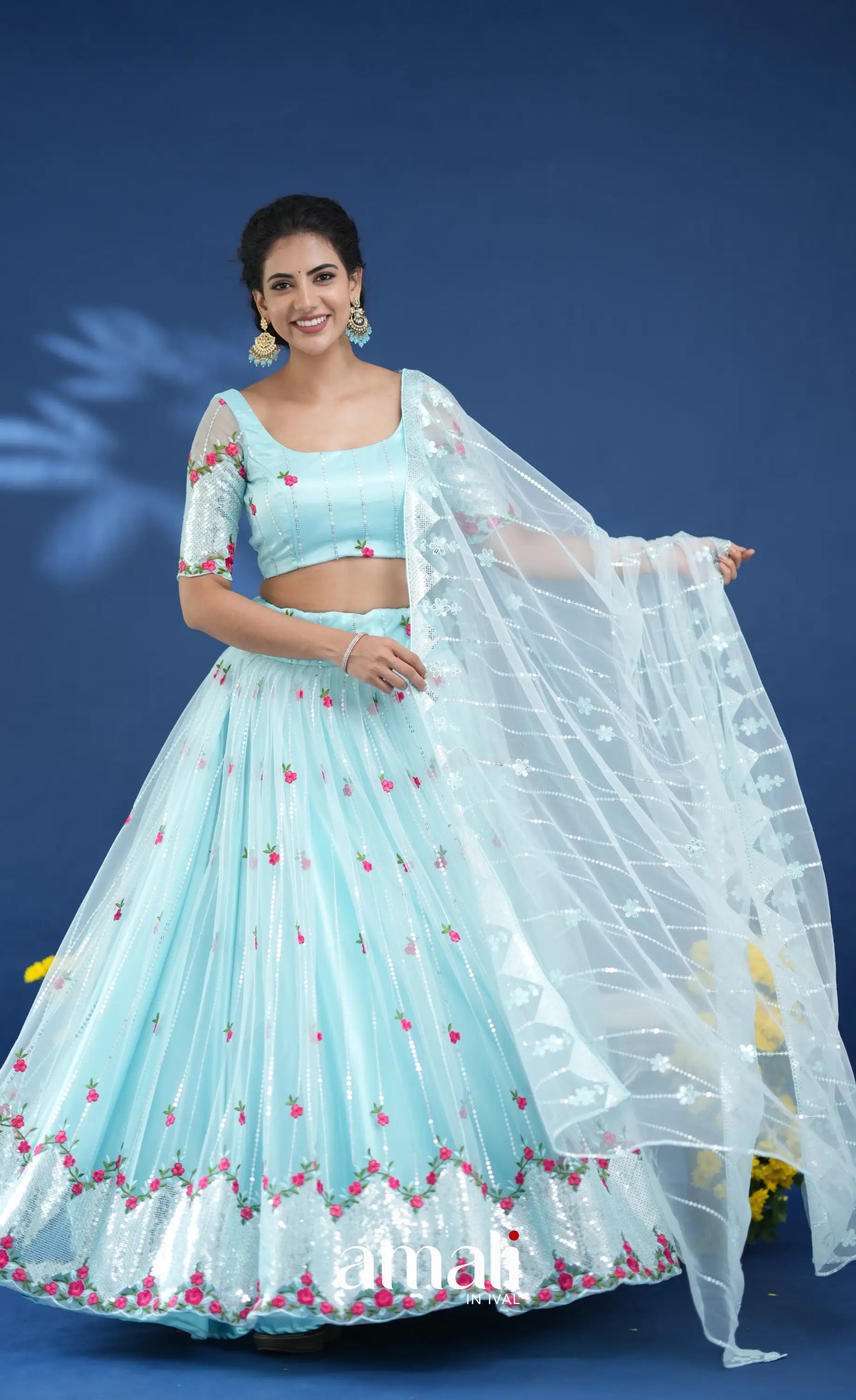 Coral Pastel Blue Net Lehenga crop top and skirts