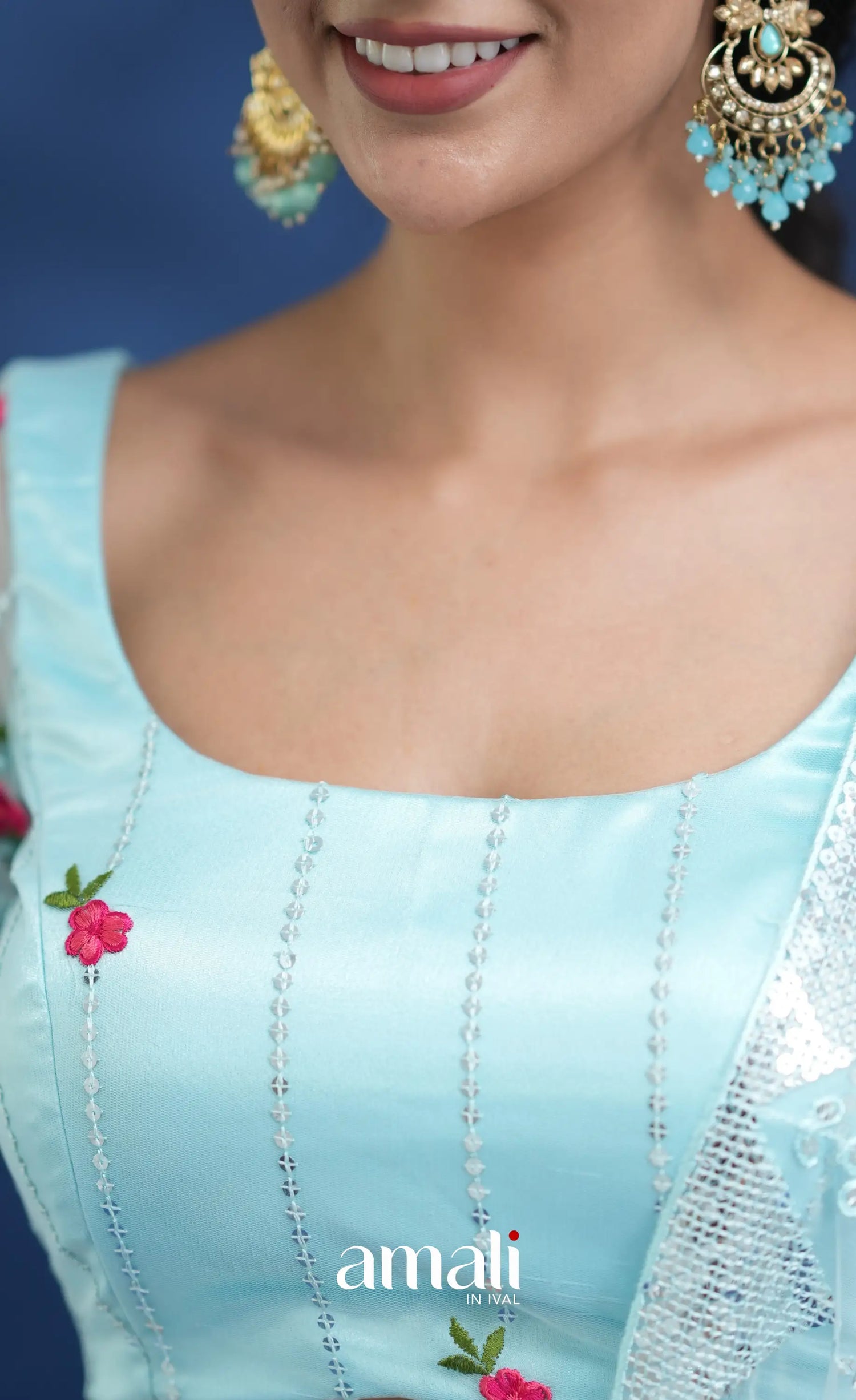 Coral Pastel Blue Net Lehenga crop top and skirts