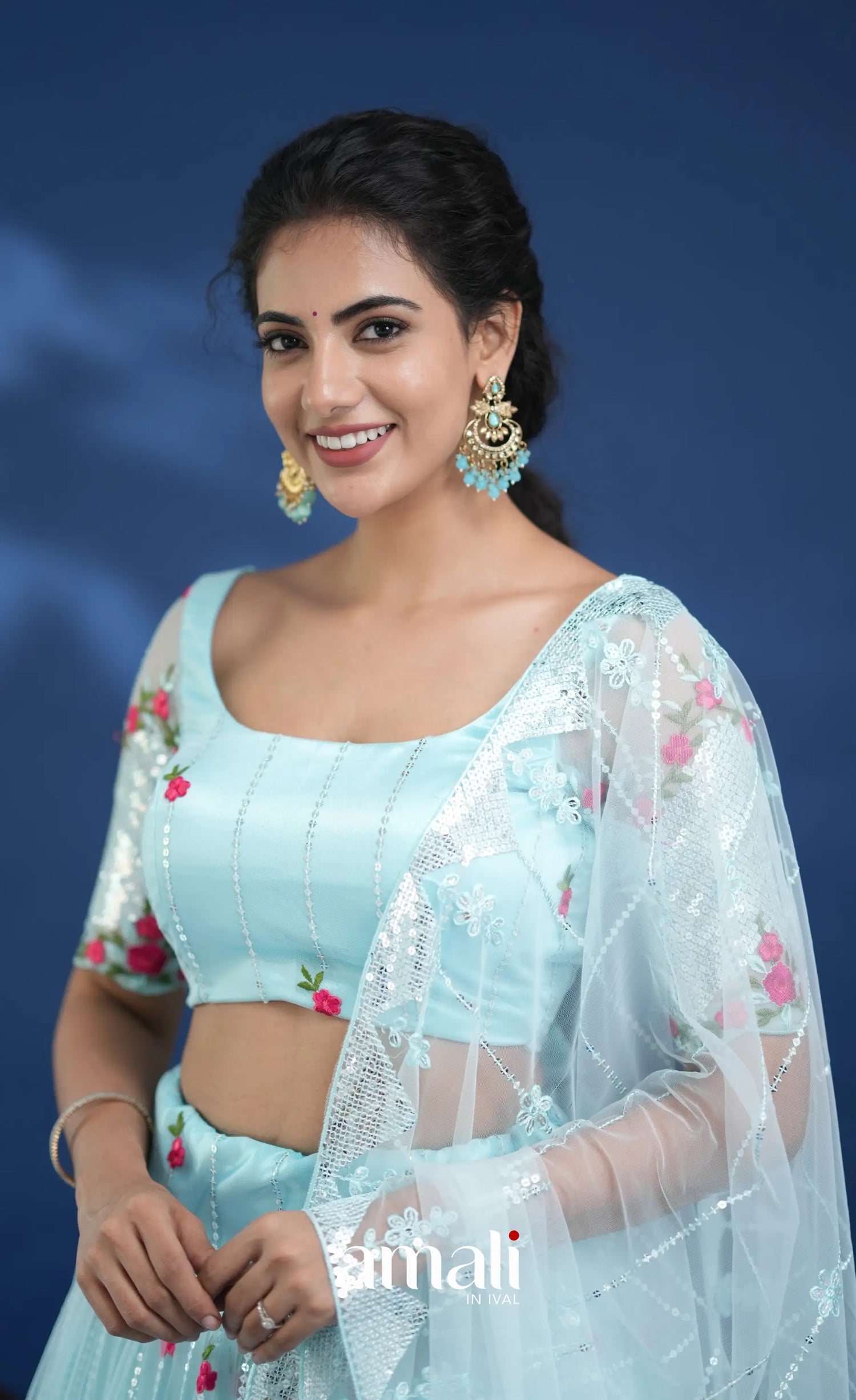 Coral Pastel Blue Net Lehenga crop top and skirts