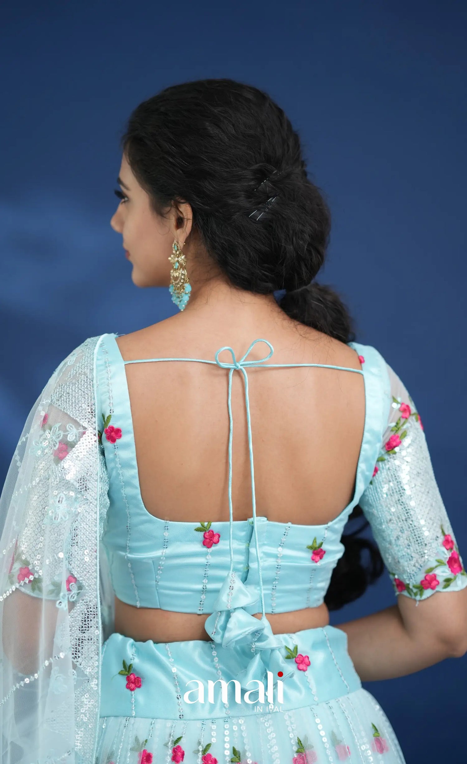 Coral Pastel Blue Net Lehenga crop top and skirts