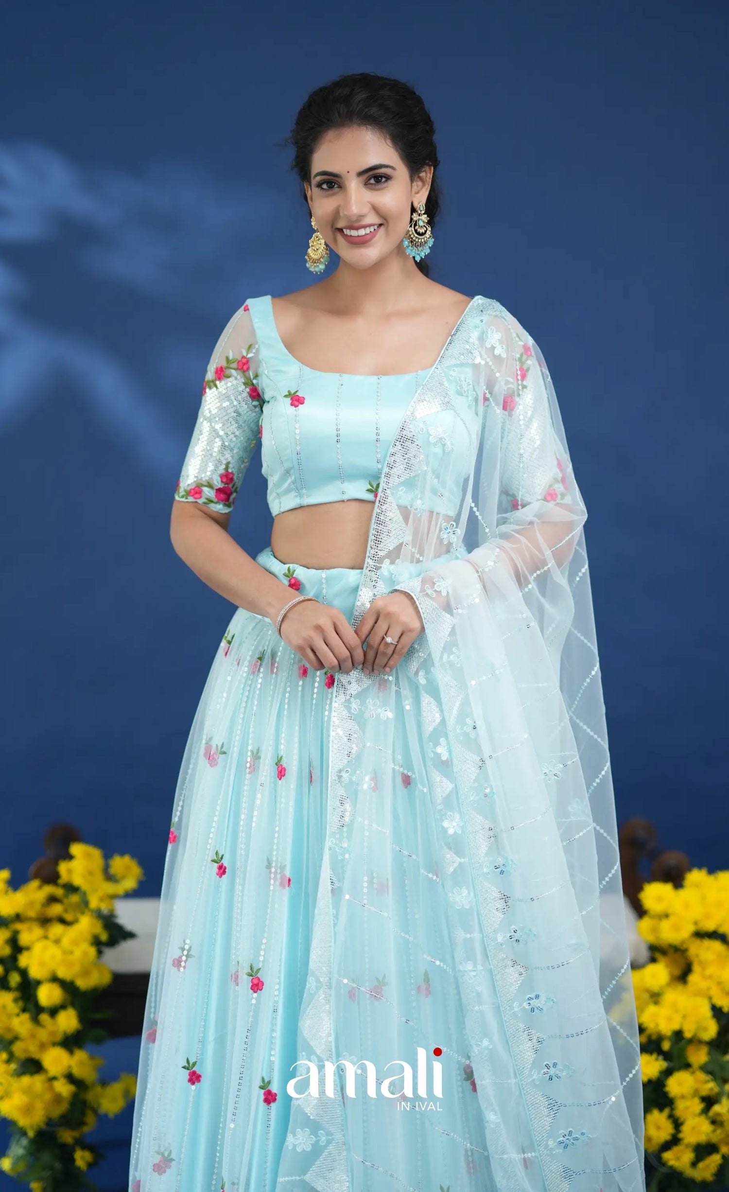 Coral Pastel Blue Net Lehenga crop top and skirts