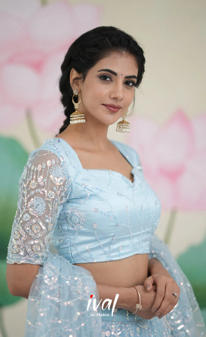Coral - Pastel Blue Net Lehenga crop top and skirts