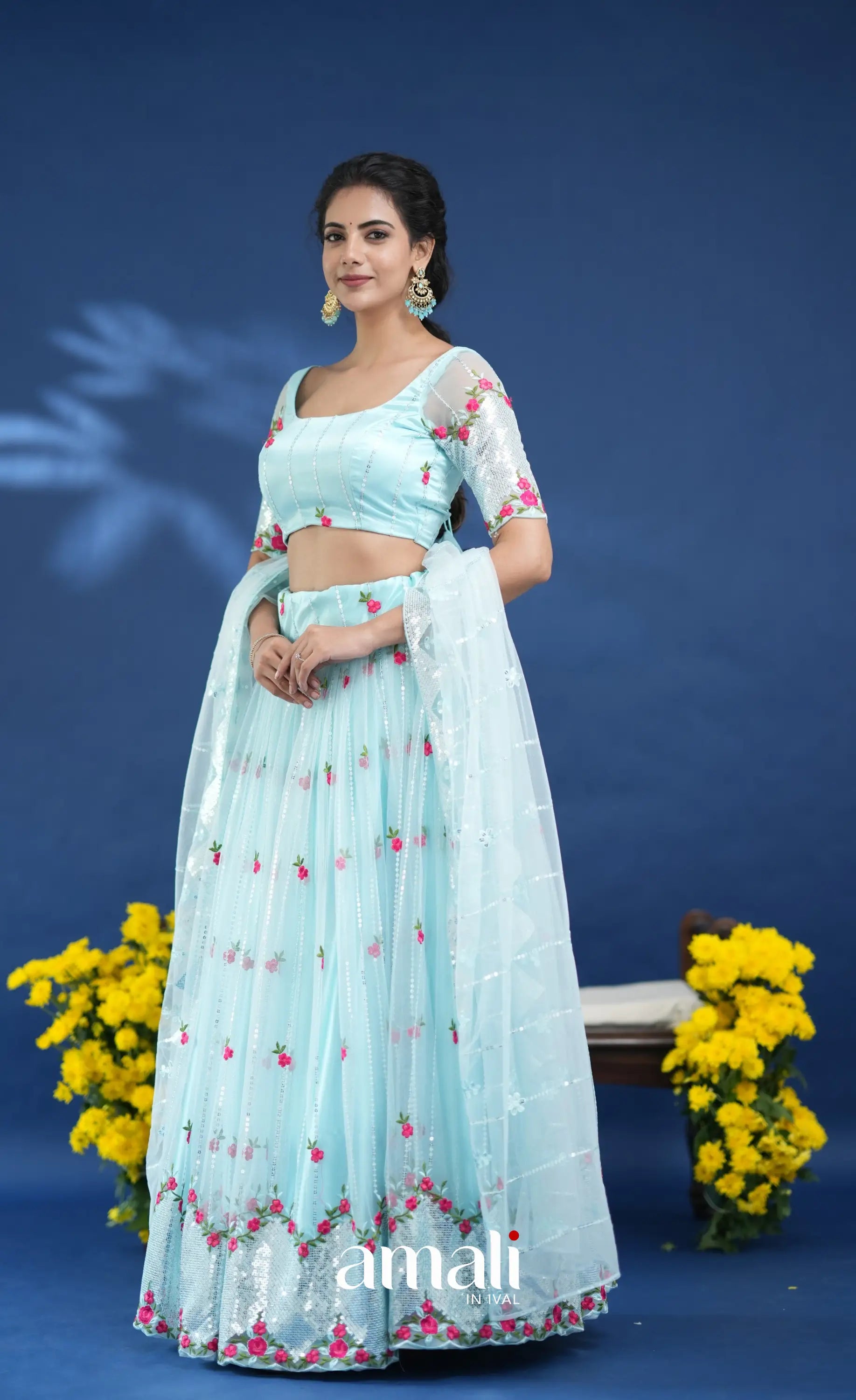Coral Pastel Blue Net Lehenga crop top and skirts