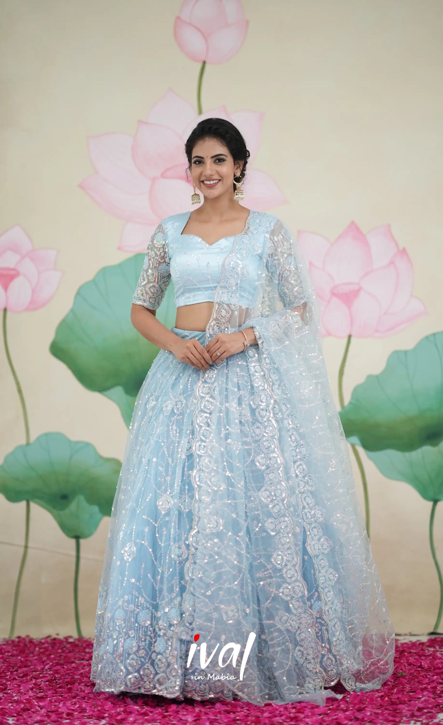 Coral - Pastel Blue Net Lehenga crop top and skirts