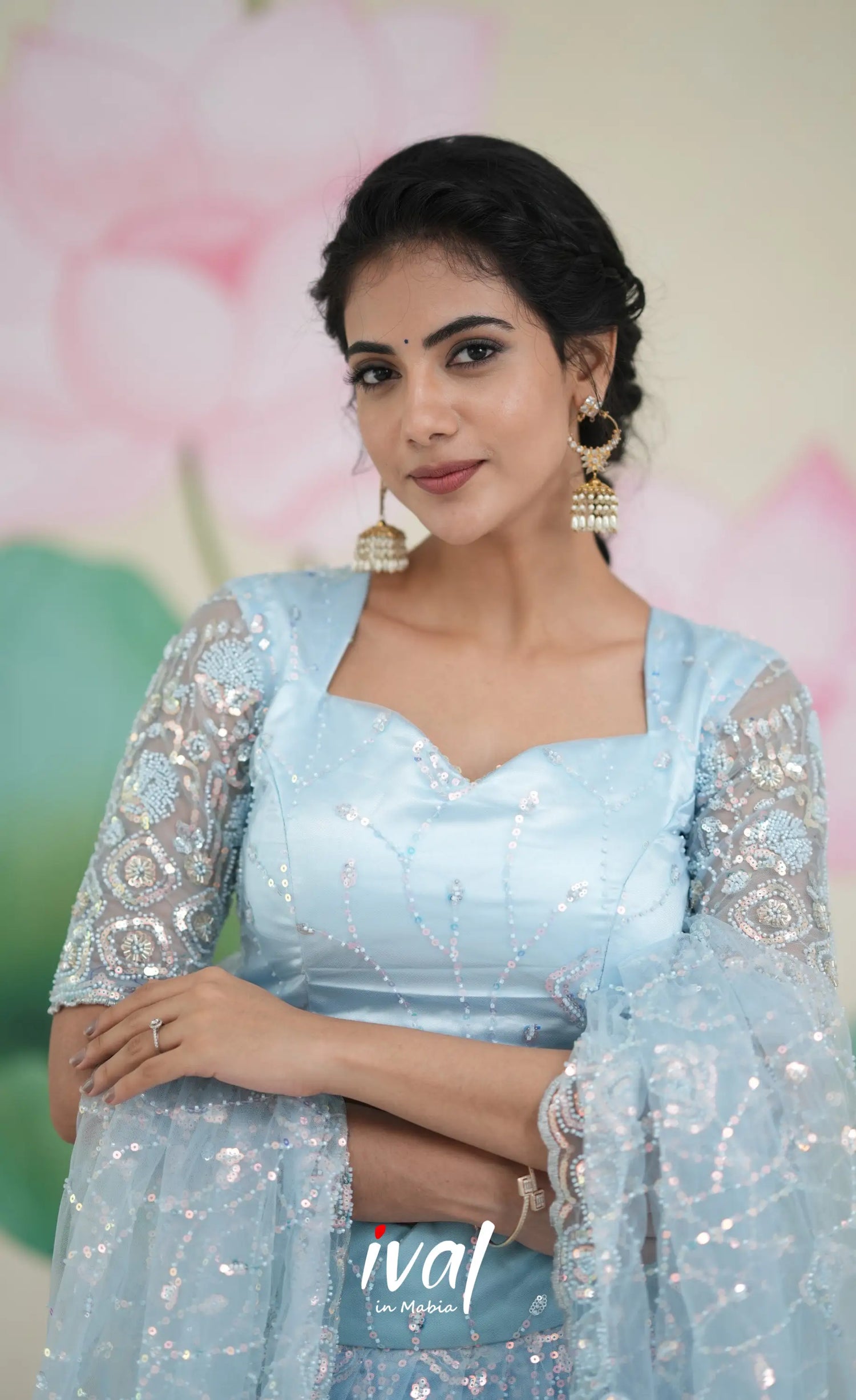 Coral - Pastel Blue Net Lehenga crop top and skirts