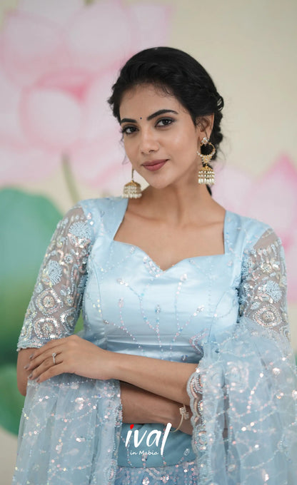 Coral - Pastel Blue Net Lehenga crop top and skirts