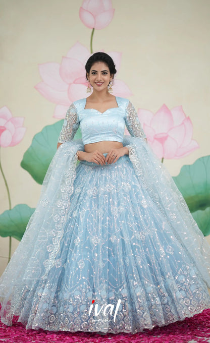 Coral - Pastel Blue Net Lehenga crop top and skirts