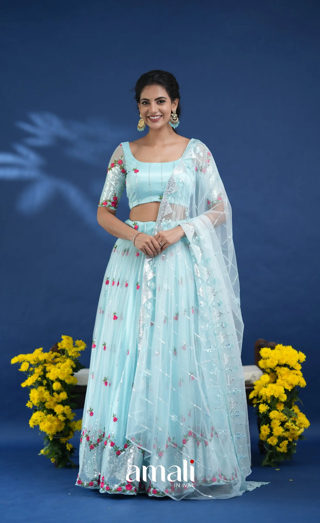 Coral Pastel Blue Net Lehenga crop top and skirts