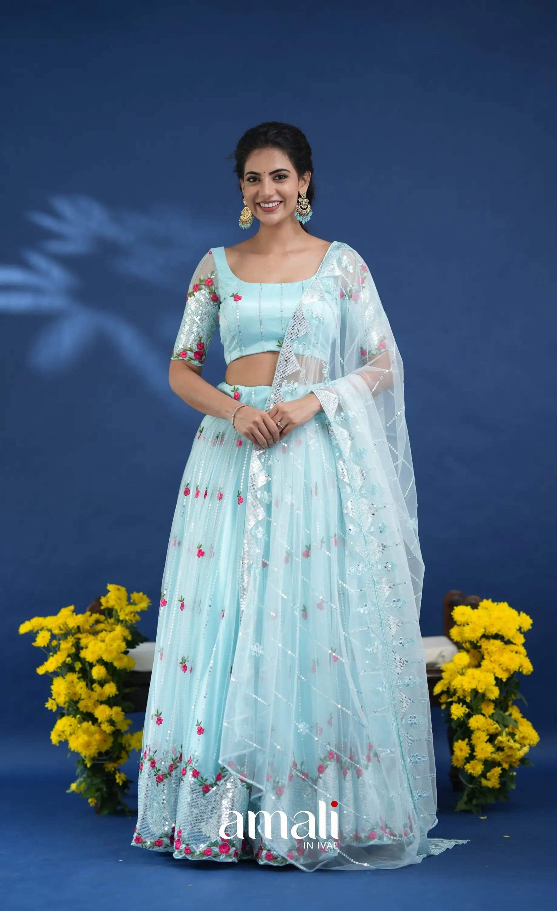 Coral Pastel Blue Net Lehenga crop top and skirts