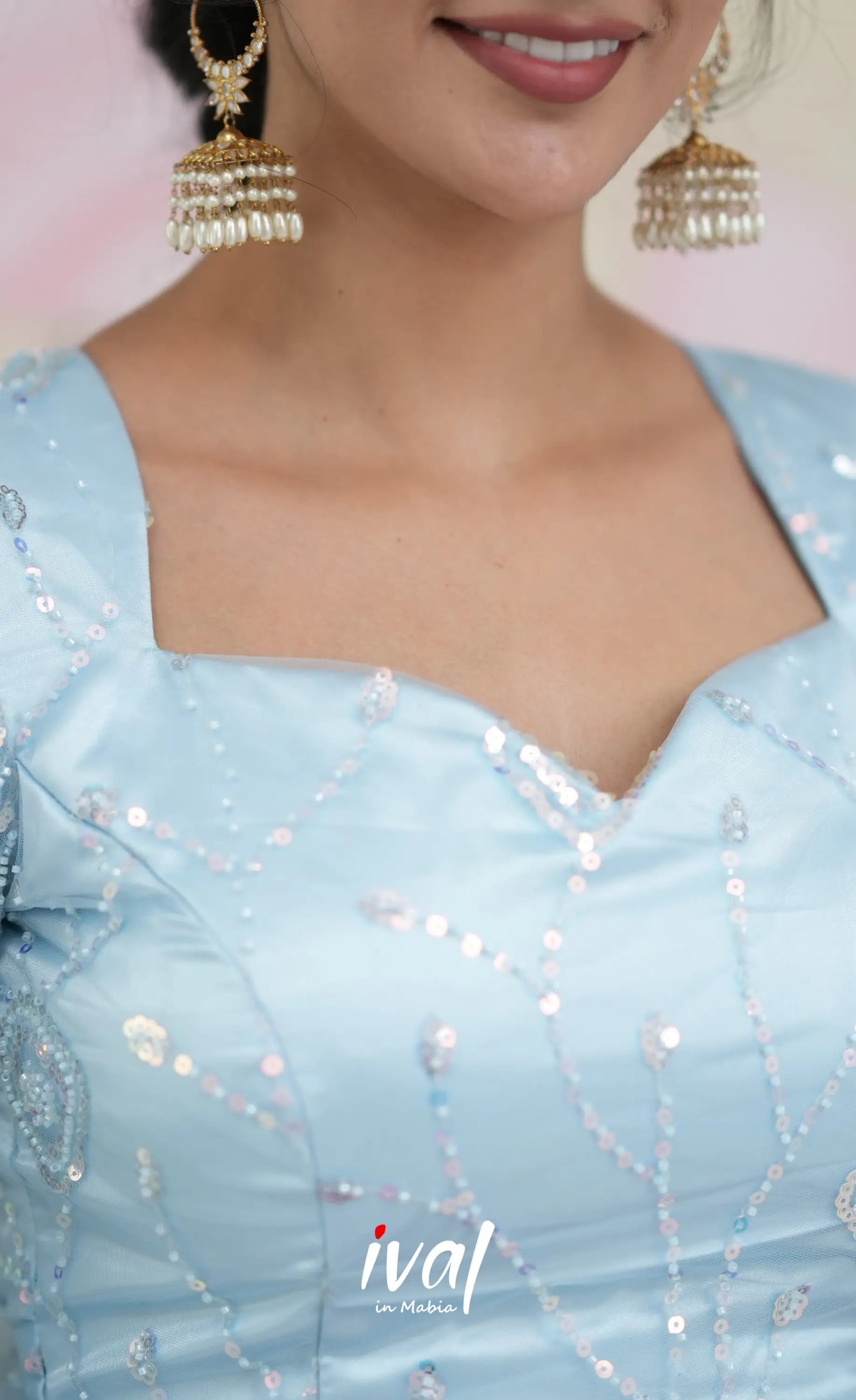 Coral - Pastel Blue Net Lehenga crop top and skirts