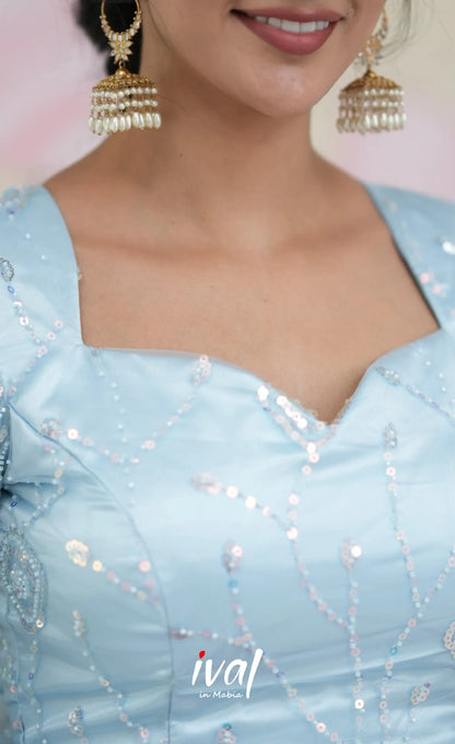 Coral - Pastel Blue Net Lehenga crop top and skirts