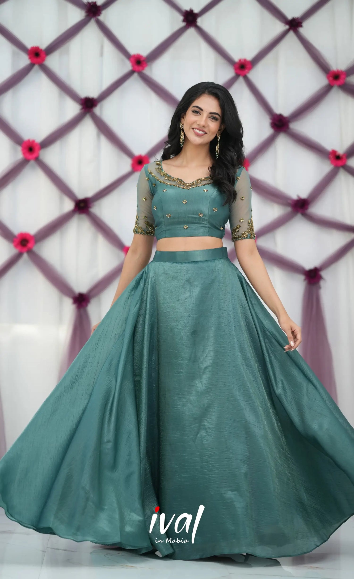 Coral - Teal Green Crop Top and Skirt - crop top and skirts