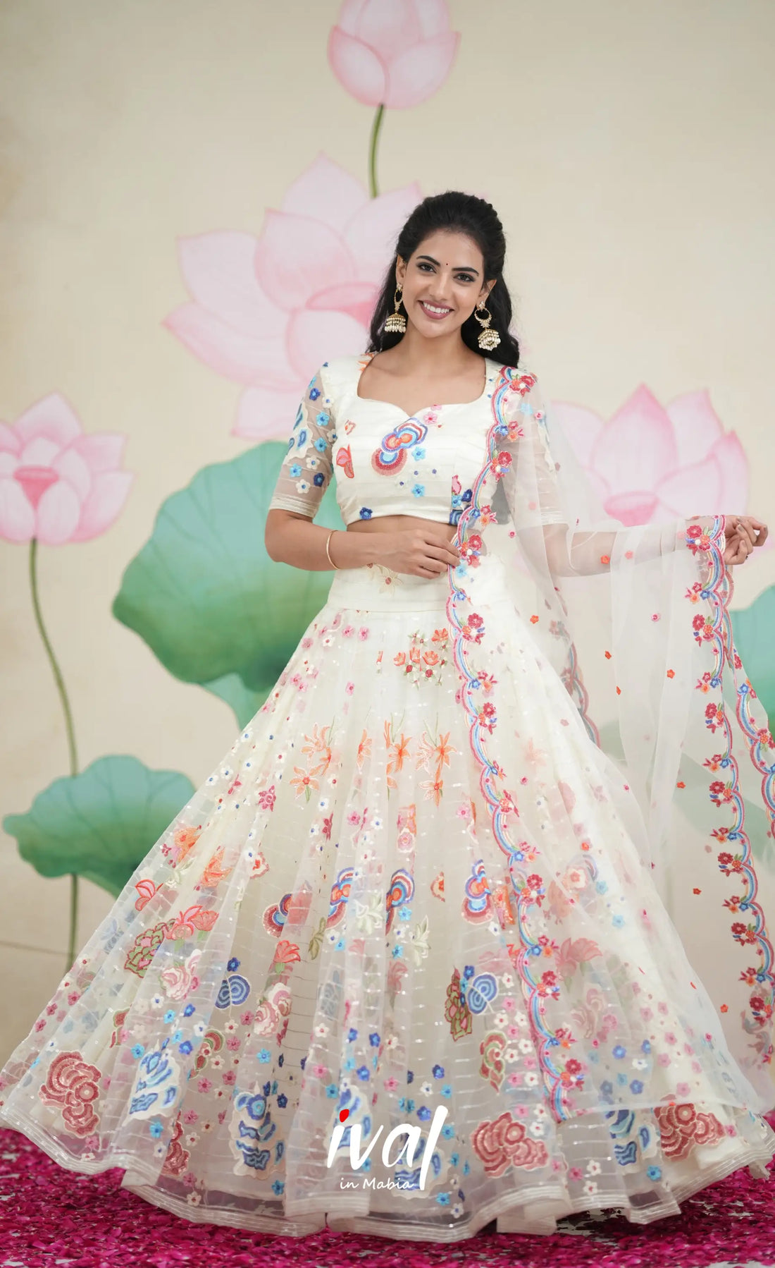 Coral - White Net Lehenga crop top and skirts