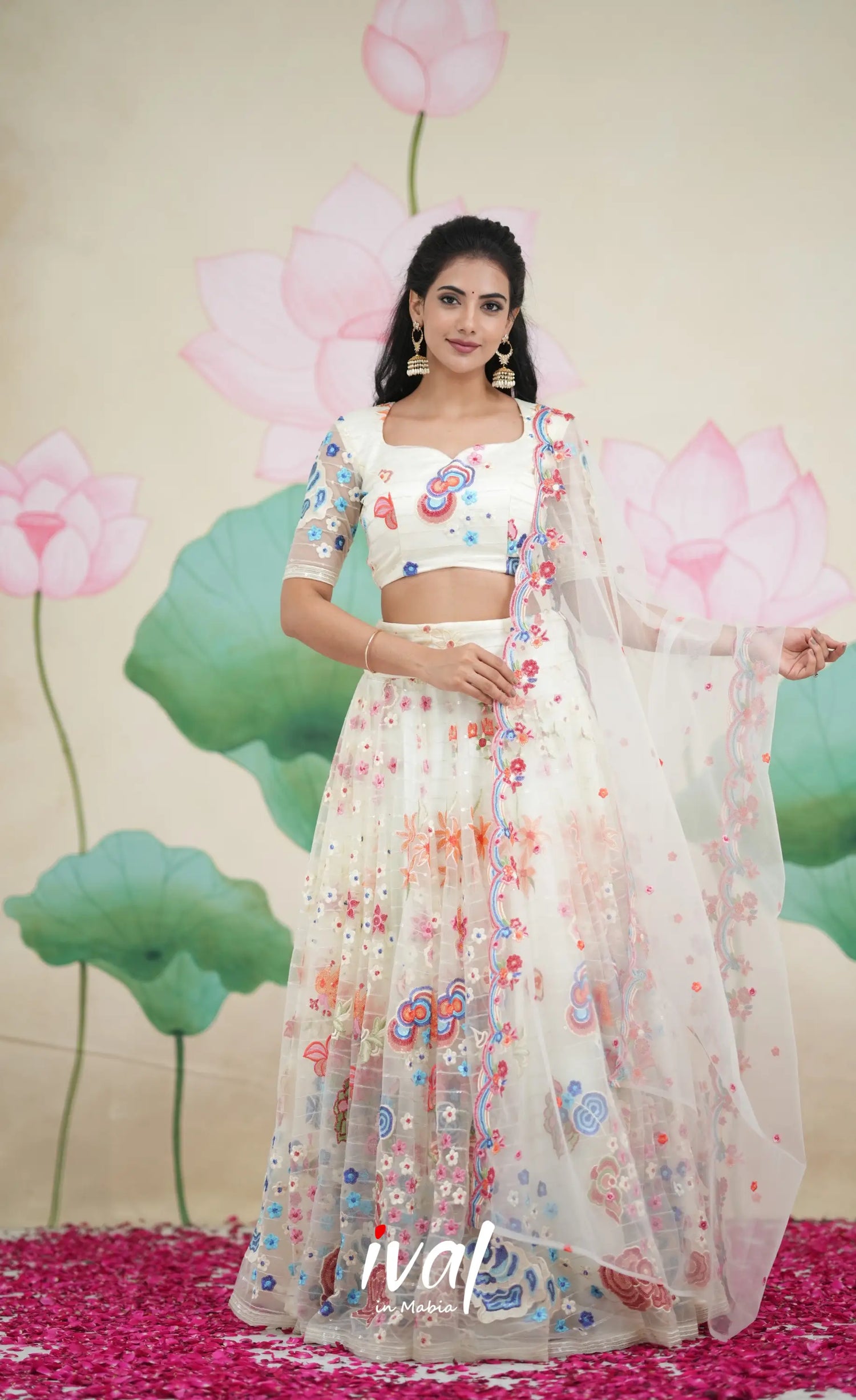 Coral - White Net Lehenga crop top and skirts