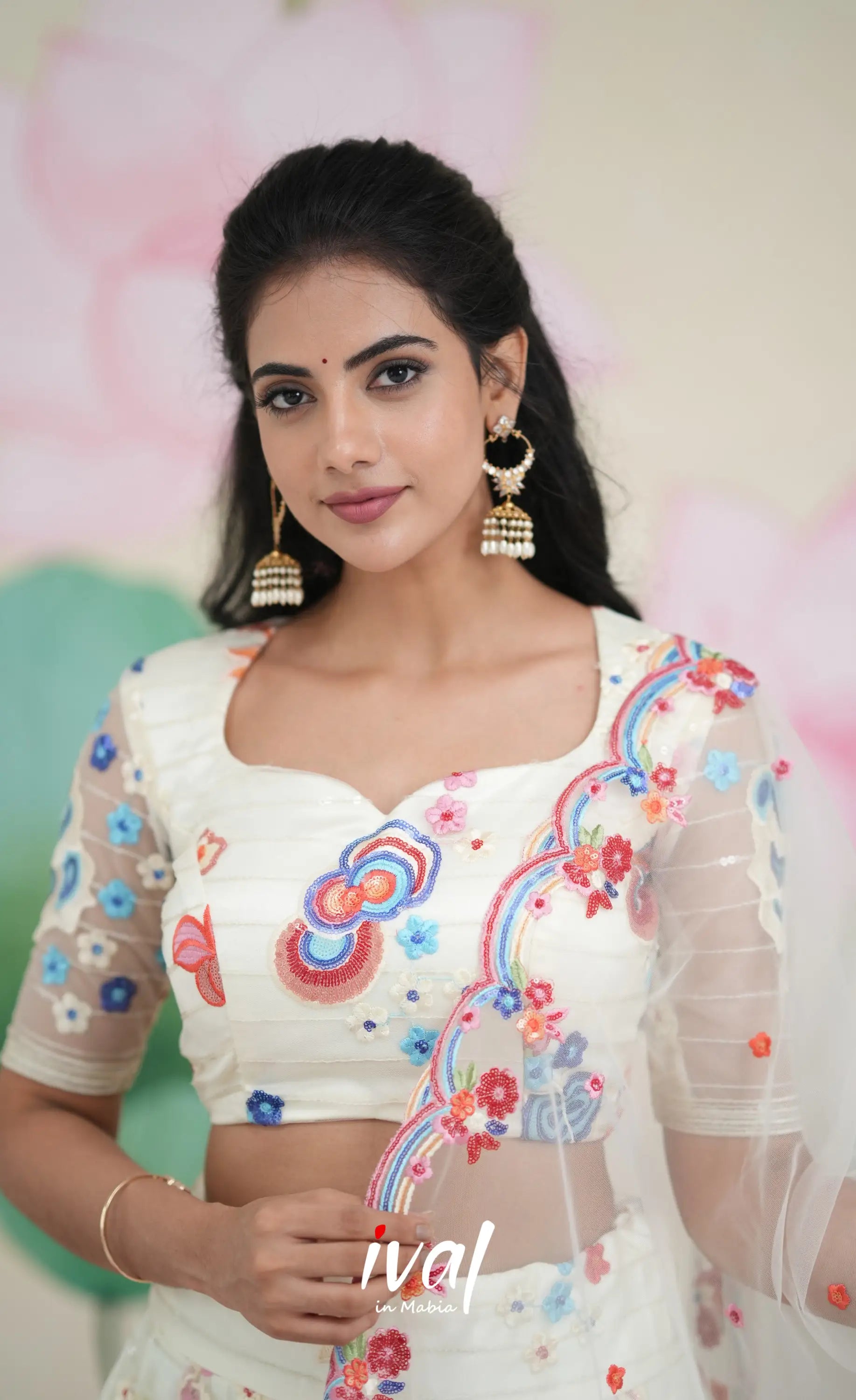 Coral - White Net Lehenga crop top and skirts