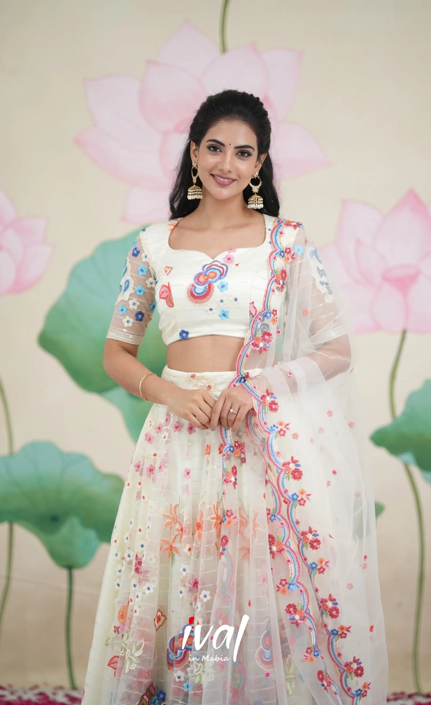Coral - White Net Lehenga crop top and skirts