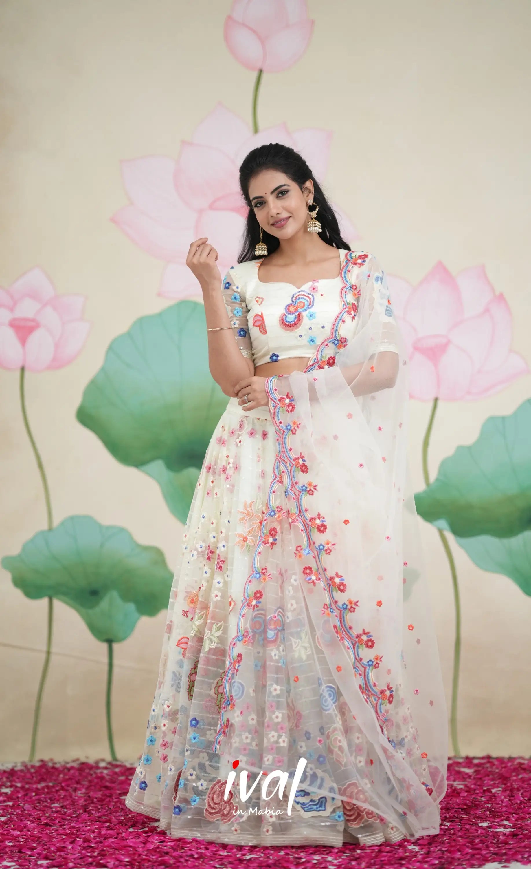 Coral - White Net Lehenga crop top and skirts