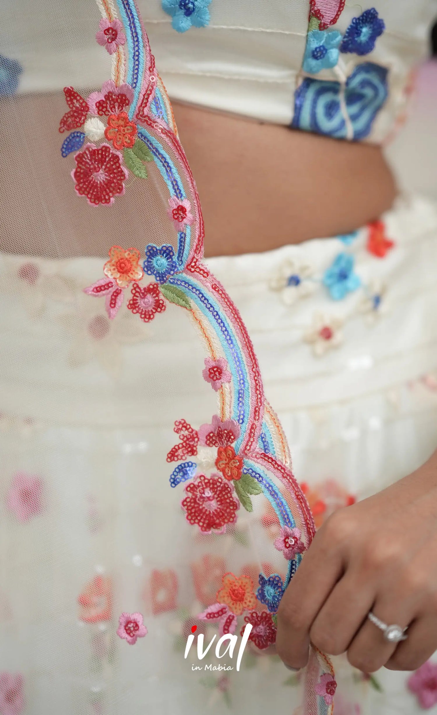 Coral - White Net Lehenga crop top and skirts