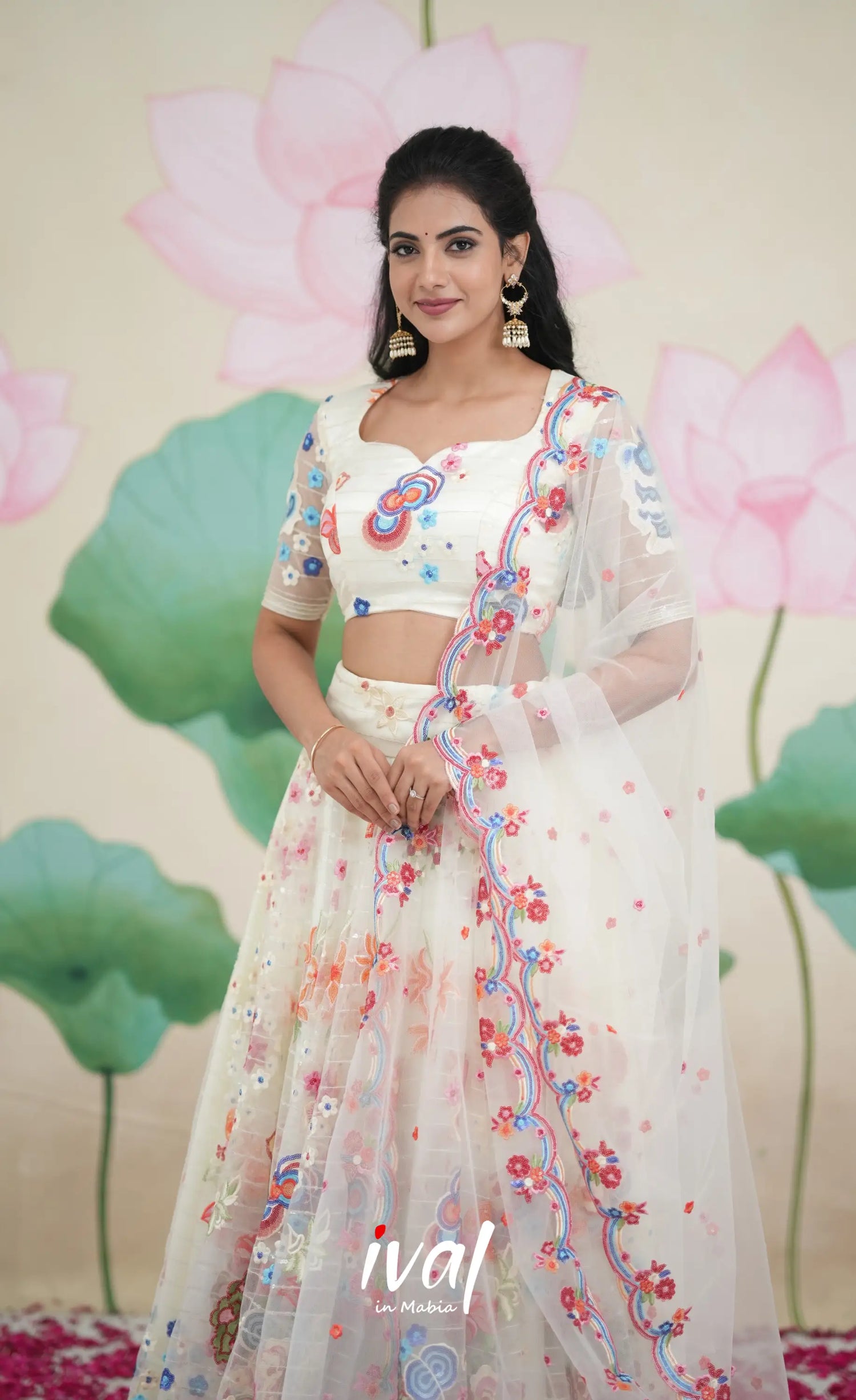 Coral - White Net Lehenga crop top and skirts