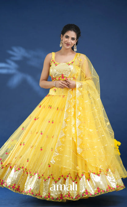 Coral Yellow Net Lehenga crop top and skirts