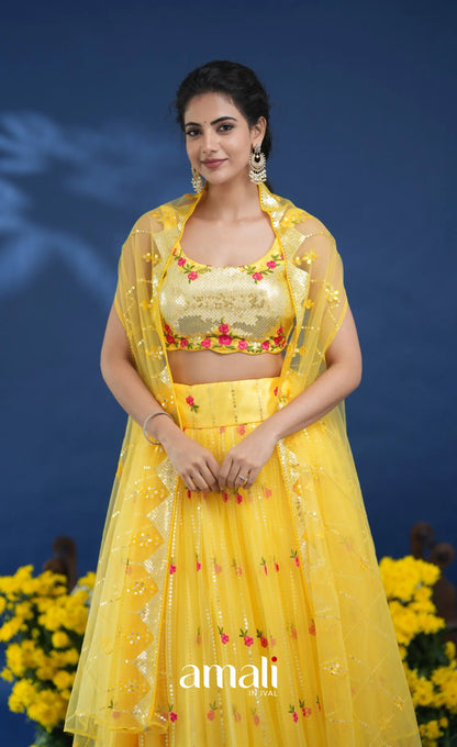 Coral Yellow Net Lehenga crop top and skirts
