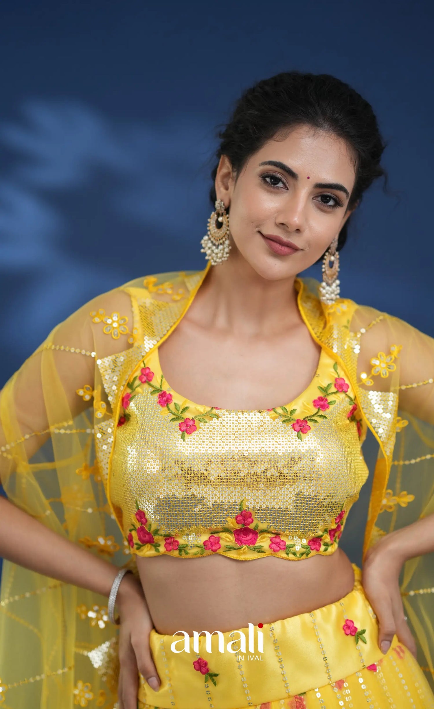 Coral Yellow Net Lehenga crop top and skirts