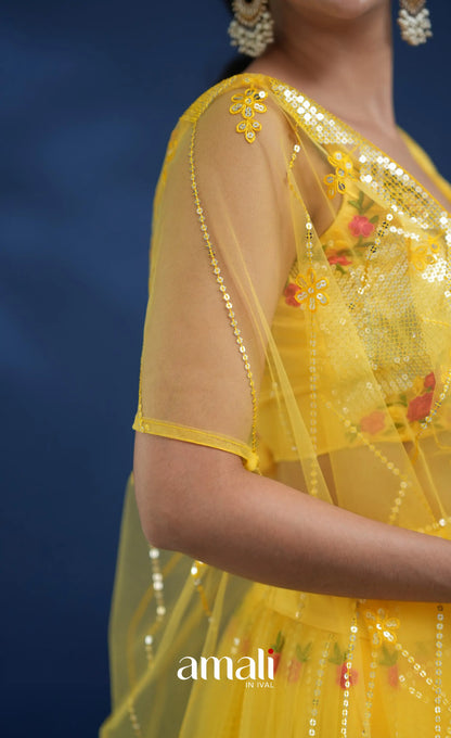 Coral Yellow Net Lehenga crop top and skirts