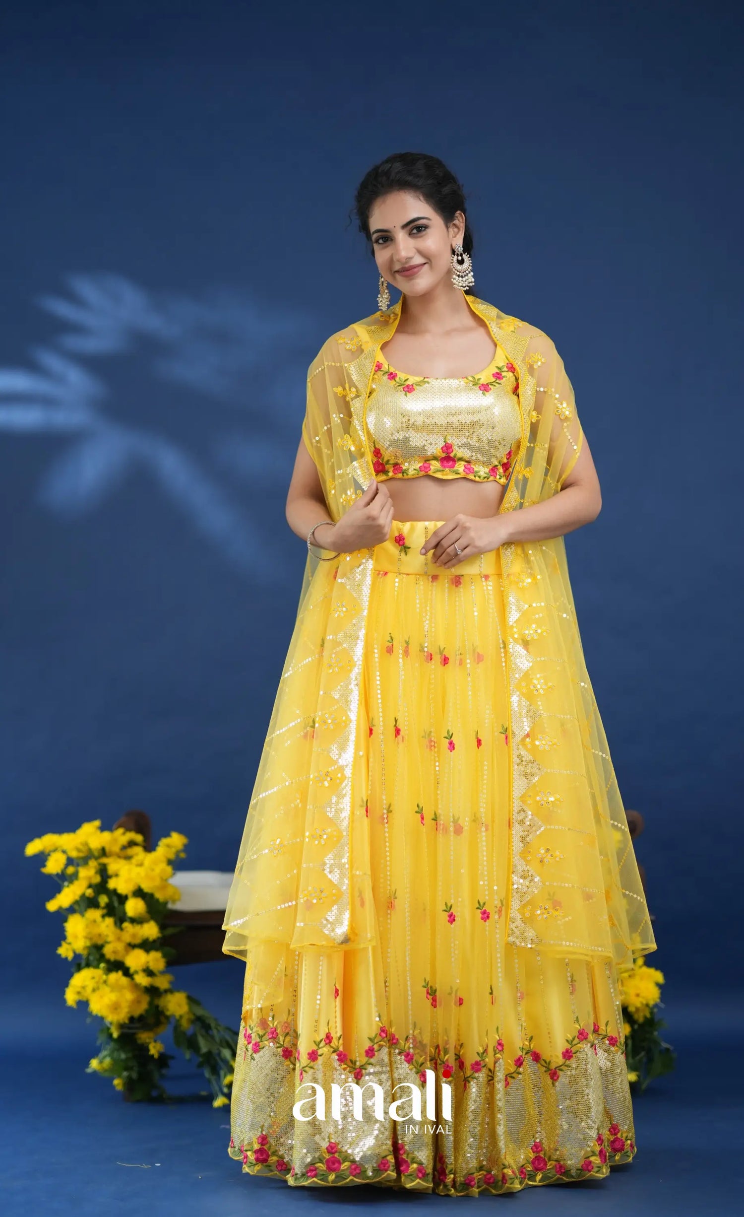 Coral Yellow Net Lehenga crop top and skirts