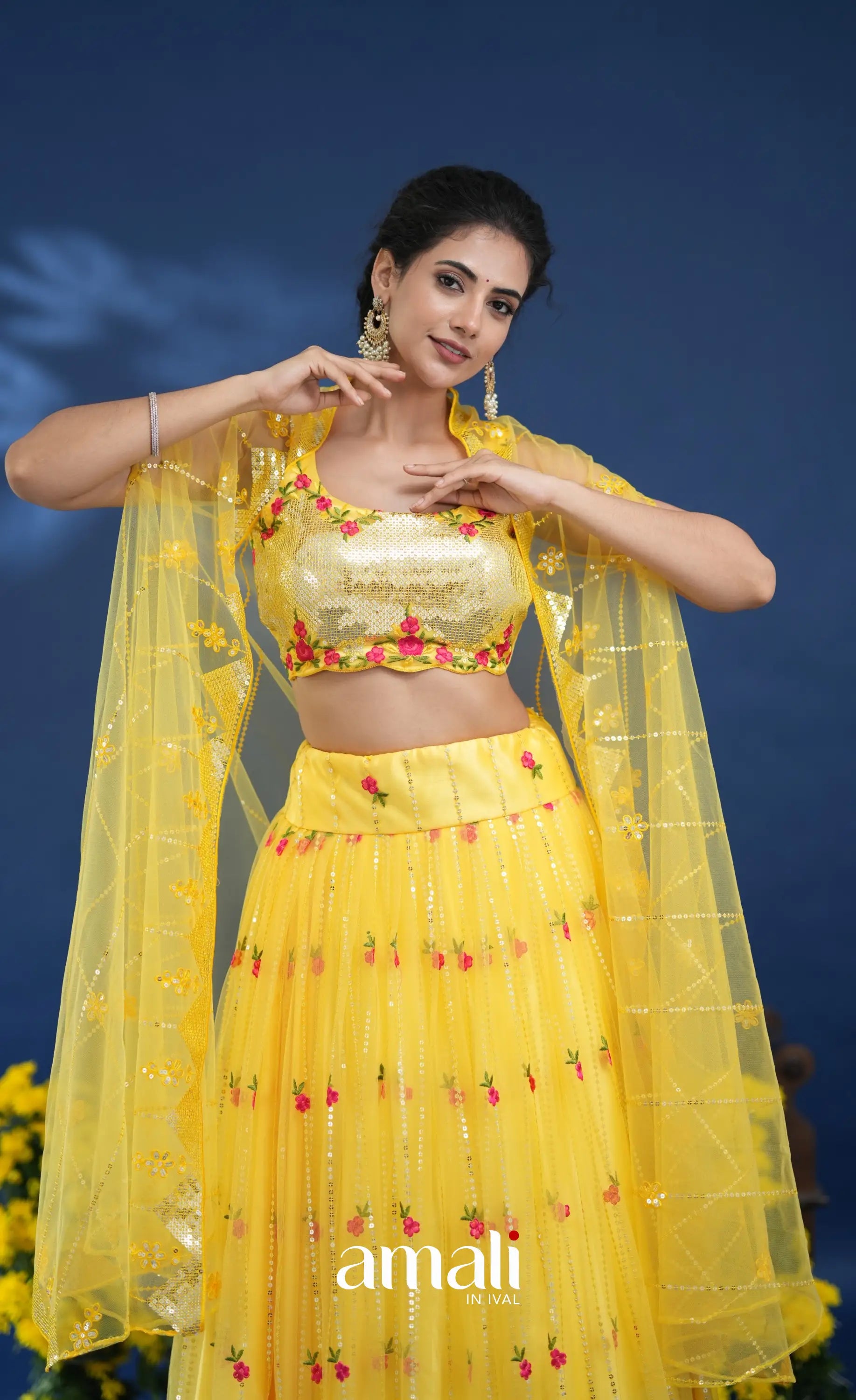 Coral Yellow Net Lehenga crop top and skirts