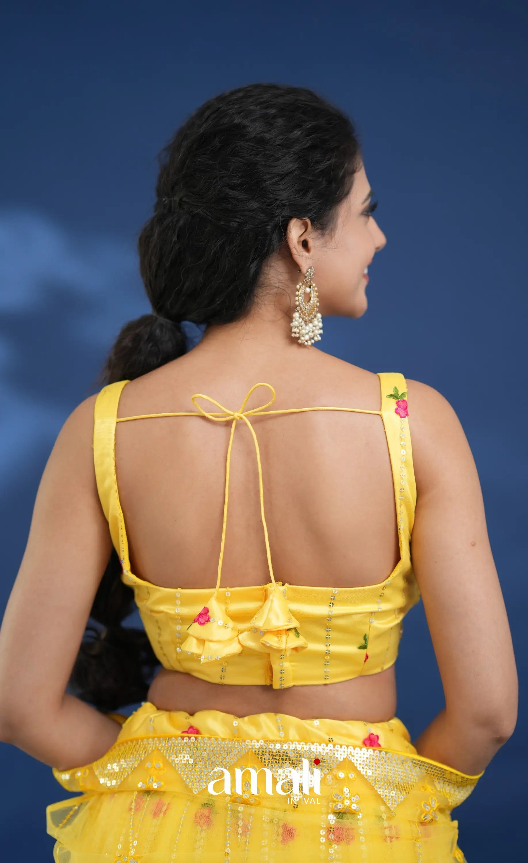 Coral Yellow Net Lehenga crop top and skirts