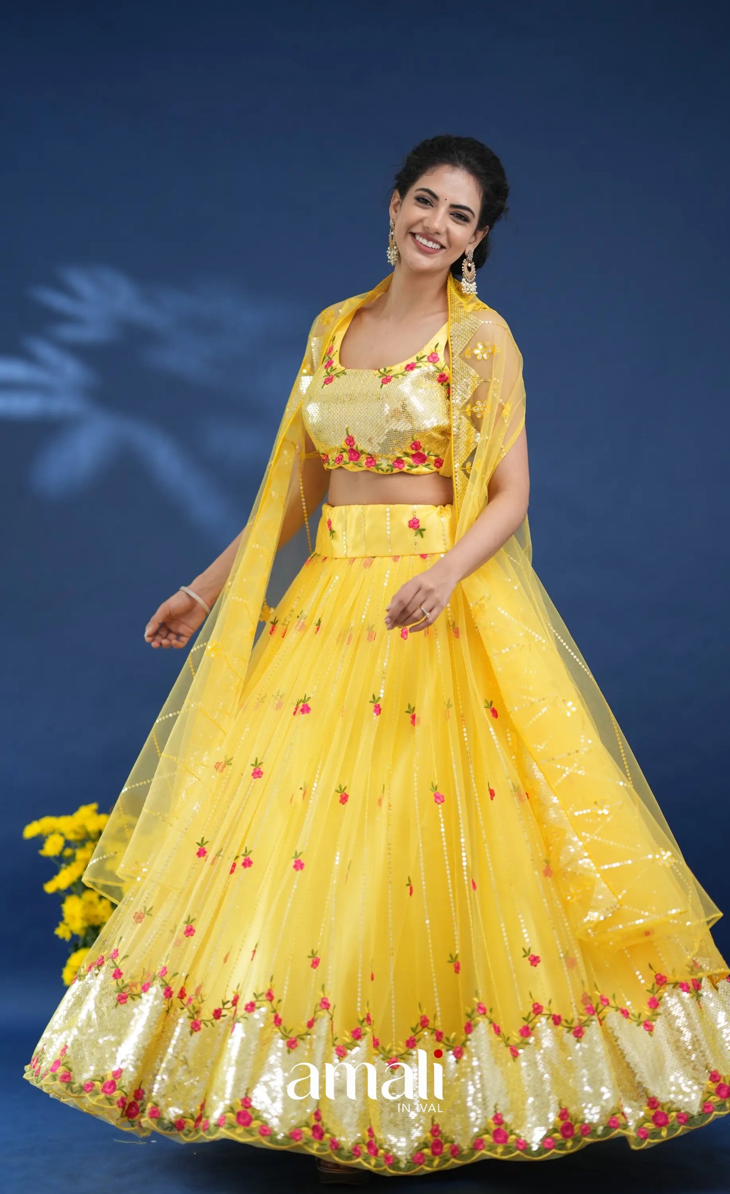 Coral Yellow Net Lehenga crop top and skirts