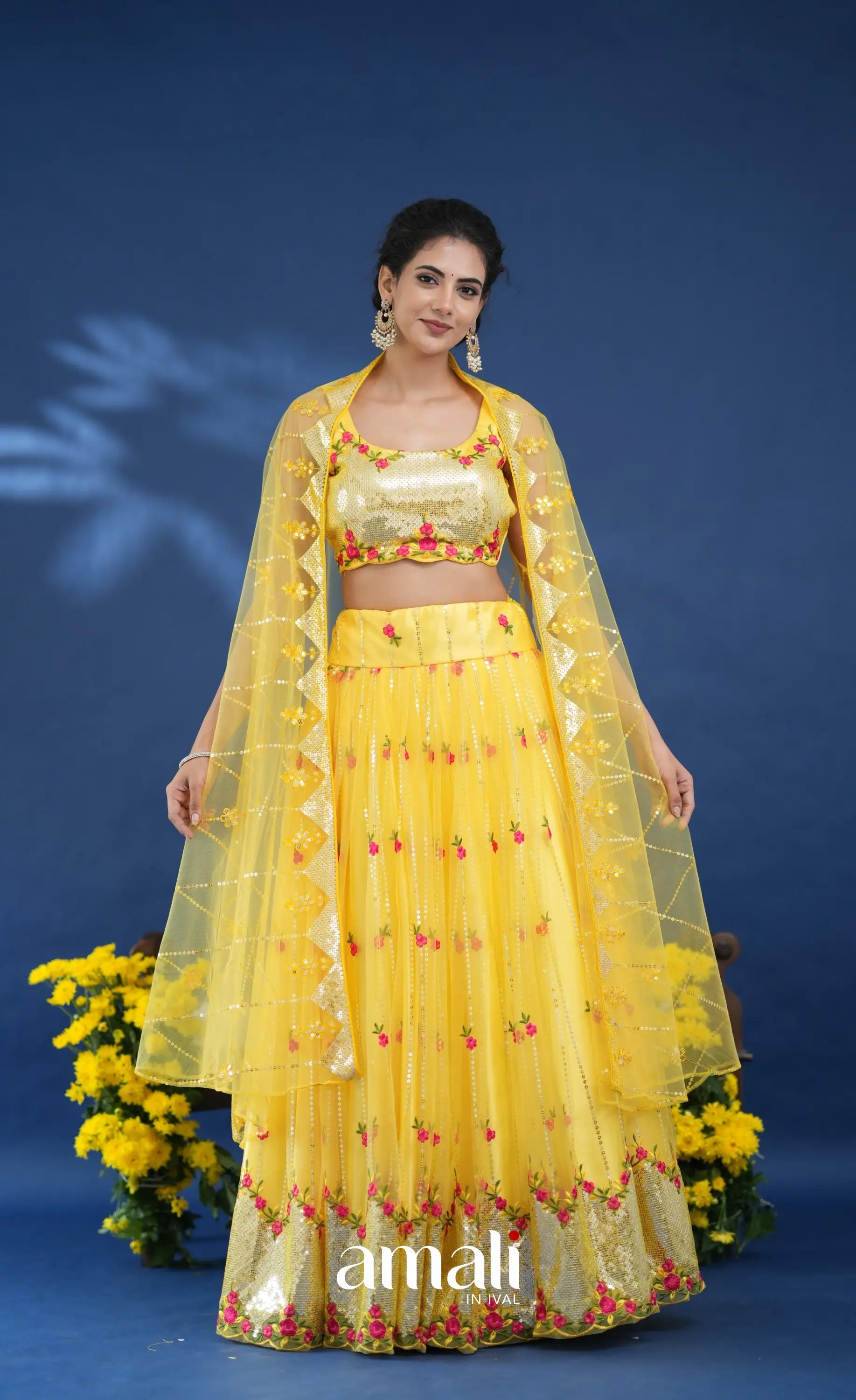 Coral Yellow Net Lehenga crop top and skirts