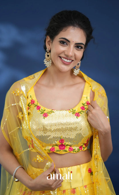 Coral Yellow Net Lehenga crop top and skirts
