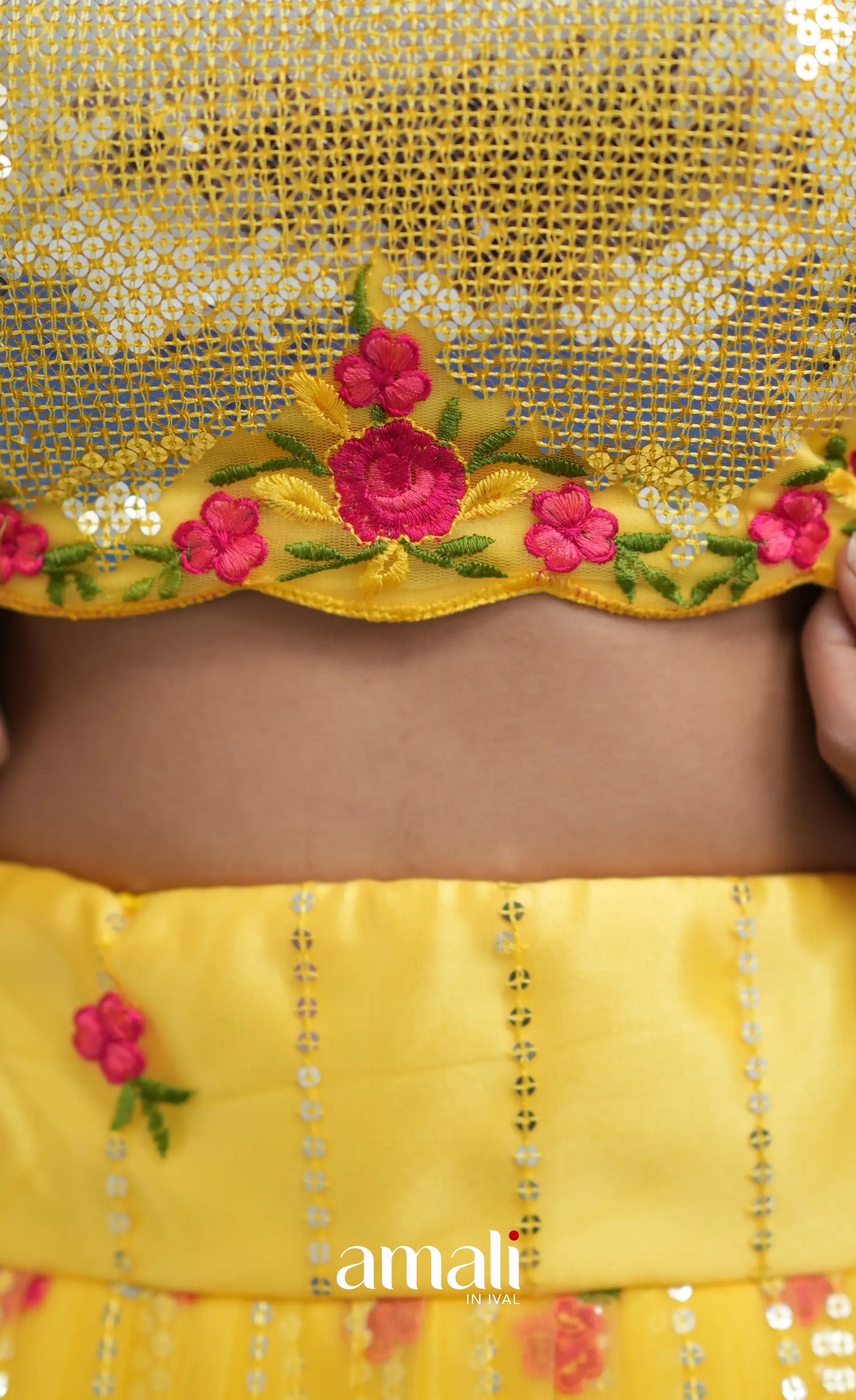 Coral Yellow Net Lehenga crop top and skirts